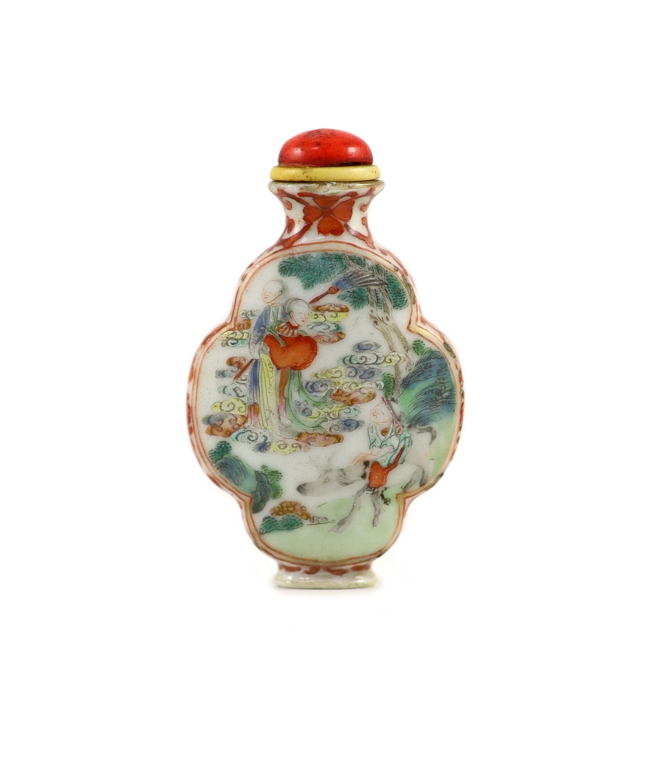 A Chinese famille rose snuff bottle, Jiaqing four character seal mark and period (1796-1820), 6 cm high excluding stopper, restoration